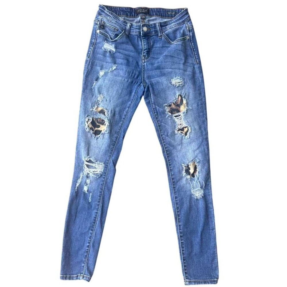 Judy Blue Womens Skinny Jeans Distressed Leopard Patch Medium Wash Size 7/28